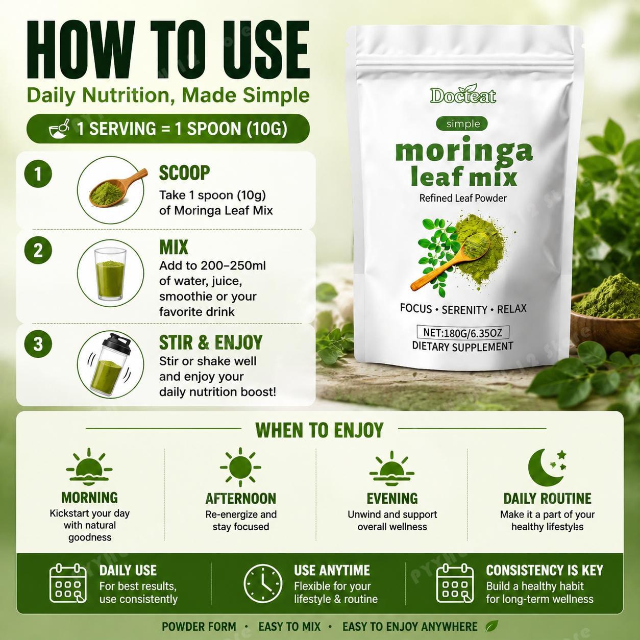 Moringa Leaf Powder - ด็อกทีท ผงใบมะรุมผสมแคลเซียมและธาตุเหล็ก สำหรับบำรุงโครงสร้างกระดูกและปรับสมดุลธาตุเหล็ก สำหรับคนทานมังสวิรัติ ปราศจากกลูเตน 180
