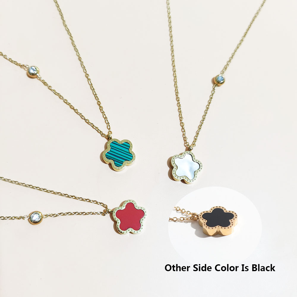 Red Clover Flower - สแตนเลสสตีล18K ชุบทองห้าโคลเวอร์สีดำสีขาวสีเขียวสีแดงสองด้านสร้อยคอจี้ดอกไม้สำหรับเครื่องประดับผู้หญิง